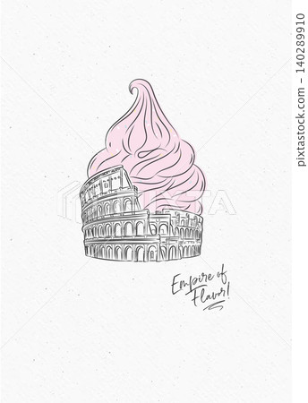 Colosseum reimagined as surreal ice cream cone poster with lettering drawing on watercolor paper background Colosseum reimagined as surreal ice cream cone poster with lettering drawing on watercolor paper background 140289910