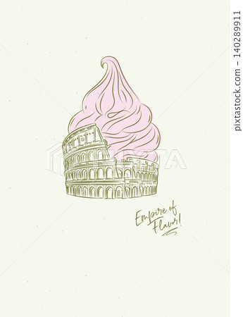 Colosseum reimagined as surreal ice cream cone poster with lettering drawing on beige background Colosseum reimagined as surreal ice cream cone poster with lettering drawing on beige background 140289911