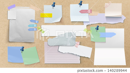 Realistic paper memo notes pinned to cork board Realistic paper memo notes pinned to cork board 140289944