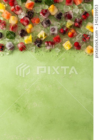 Green background with ice cubes with frozen berries and fruits and mint Green background with ice cubes with frozen berries and fruits and mint 140289953