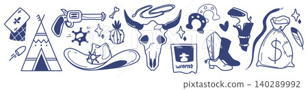 Doodle set of western cowboy and indian elements Doodle set of western cowboy and indian elements 140289992