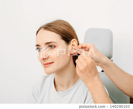 Otolaryngologist making earplugs from an impression of an individual woman ear. Personally molded earplugs 140290103