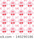 Seamless cherry pattern with pink bows and ribbons creates a cute girly background. The coquette aesthetic and vector style make it ideal for fashion or textile prints. 140290186