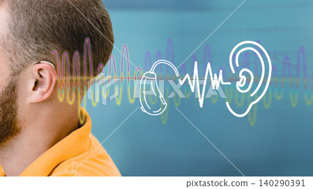 Advertising hearing solution. Hearing test, sound waves showing modern deafness diagnostic over male ear with BTE hearing aid 140290391