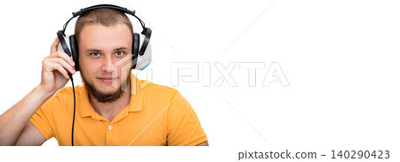 Web banner of hearing solutions. Positive man getting a hearing test, audiometer hearing test. Isolated on white background Web banner of hearing solutions. Positive man getting a hearing test, audiometer hearing test. Isolated on white background 140290423