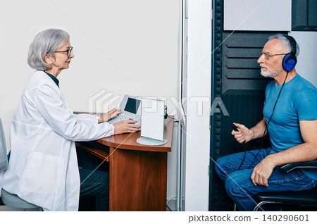 Audiological exam. Audiologist doing hearing check-up to senior man in soundproof audiometric booth. Hearing loss treatment, side view Audiological exam. Audiologist doing hearing check-up to senior man in soundproof audiometric booth. Hearing loss treatment, side view 140290601
