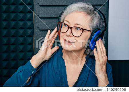Hearing test at senior woman. Gray-haired mature woman during hearing exam and audiometry at hearing clinic Hearing test at senior woman. Gray-haired mature woman during hearing exam and audiometry at hearing clinic 140290606