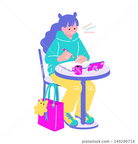 An illustration of a young woman writing in a notebook at a cafe. (Themes: studying, journaling, smile) An illustration of a young woman writing in a notebook at a cafe. (Themes: studying, journaling, smile) 140290718