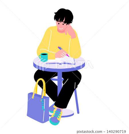 一位年輕男子在咖啡館裡用筆記本寫作的插圖:學習、思考、獨自工作。 一位年輕男子在咖啡館裡用筆記本寫作的插圖:學習、思考、獨自工作。 140290719