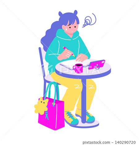 An illustration of a woman troubled in a cafe: confused, stressed, and stuck in her studies. 140290720