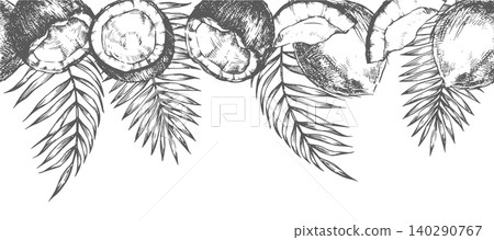 horizontal border of coconuts and palm leaves. Vector illustration in sketch style. horizontal border of coconuts and palm leaves. Vector illustration in sketch style. 140290767