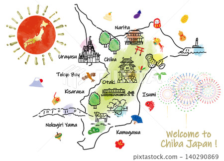 千葉縣旅遊景點的可愛手繪插圖地圖 140290869