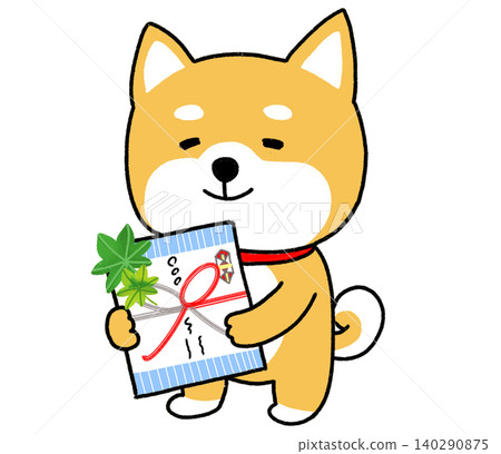 一隻柴犬送上一份用淺藍色包裝紙包裹的夏日禮物。 一隻柴犬送上一份用淺藍色包裝紙包裹的夏日禮物。 140290875
