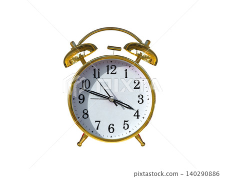 gold plated table alarm clock isolated on white background 140290886