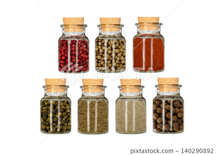 type of pepper in glass container isolated on white background type of pepper in glass container isolated on white background 140290892