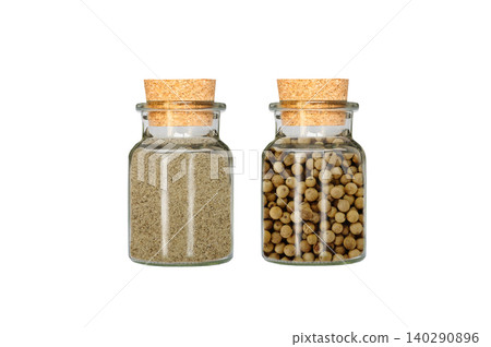 grind pepper and peppercorns in glass container isolated on white background grind pepper and peppercorns in glass container isolated on white background 140290896