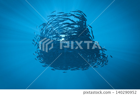 Sardine Bait Ball Sphere God Rays Underwater Ocean, 3D Render background Sardine Bait Ball Sphere God Rays Underwater Ocean, 3D Render background 140290952