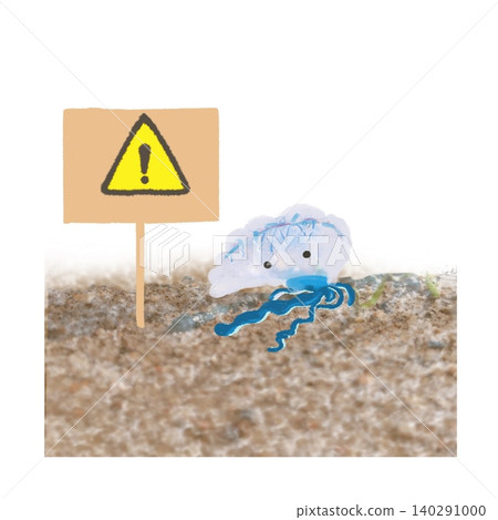 An illustration warning of dangers in the sea, featuring a Portuguese man-of-war and a warning sign. An illustration warning of dangers in the sea, featuring a Portuguese man-of-war and a warning sign. 140291000