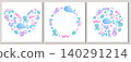 A set of decorative frames and backgrounds with cute cartoon sea animals on a white background. Whale, jellyfish, octopus, fish, seahorse, turtle, crab. Children's vector illustration for the design  140291214