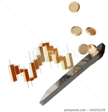 Smartphone displays a bar graph along with coins floating above it. This shows an analysis of financial trends in a digital format. The background is clear 140291230