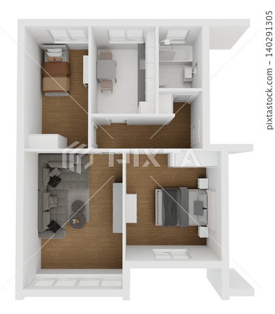 Top view of apartment or house layout. It includes three rooms and a living area. The layout features clear spaces for furniture and paths. Rooms are organized in a simple way Top view of apartment or house layout. It includes three rooms and a living area. The layout features clear spaces for furniture and paths. Rooms are organized in a simple way 140291305