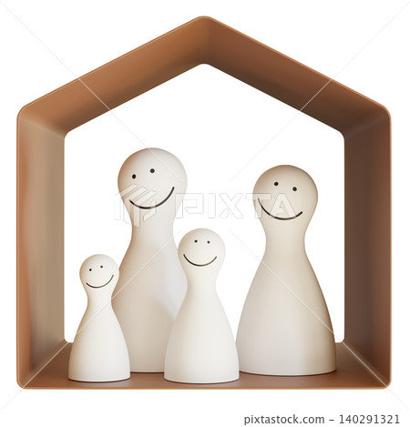 Four simple family figures stand inside a cut-out house shape. They are all smiling and made from wood. The background is clear, highlighting their design and arrangement Four simple family figures stand inside a cut-out house shape. They are all smiling and made from wood. The background is clear, highlighting their design and arrangement 140291321