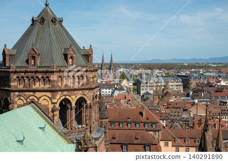 Close Aerial Cathedral Tower Ornate Stonework and Bells Close Aerial Cathedral Tower Ornate Stonework and Bells 140291890
