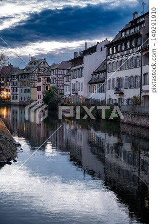 Wide Twilight Panorama Petite France Canal and Rooftops 140291910