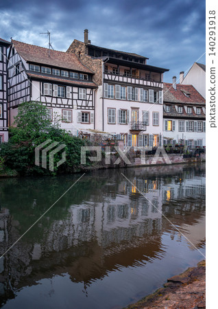 Quiet Canal Reflections at Dusk Timbered Facades Quiet Canal Reflections at Dusk Timbered Facades 140291918