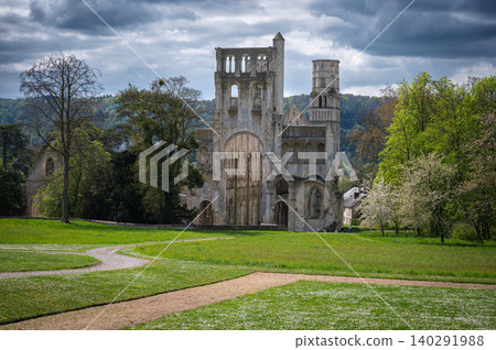 Ruins of Jumieges Abbey by the Seine River, Normandy Ruins of Jumieges Abbey by the Seine River, Normandy 140291988
