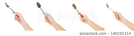 Clipping path, Collection of hands holding forks and spoons isolated on white background. Clipping path, Collection of hands holding forks and spoons isolated on white background. 140292314