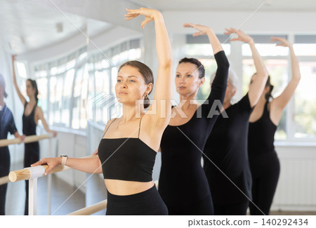 Girls in ballet class perform third position with participation of mature female mentor Girls in ballet class perform third position with participation of mature female mentor 140292434