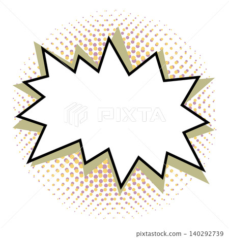 Comic starburst frame with bold black outline over olive rays and yellow purple halftone background. Retro pop art vector star shape sticker for sale tags, promo badges and comic design Comic starburst frame with bold black outline over olive rays and yellow purple halftone background. Retro pop art vector star shape sticker for sale tags, promo badges and comic design 140292739