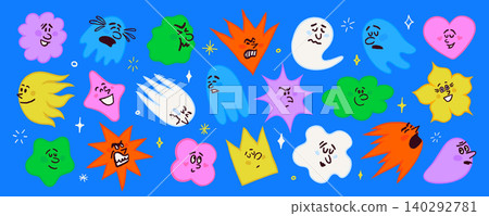 abstract shape characters with expressive faces with different emotions in doodle style. Character face set with varied moods and bold silhouettes. Great for stickers patterns backgrounds abstract shape characters with expressive faces with different emotions in doodle style. Character face set with varied moods and bold silhouettes. Great for stickers patterns backgrounds 140292781