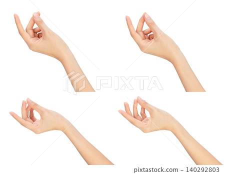 Clipping path, female hand is pointing, grasping and holding something isolated on white background. 140292803