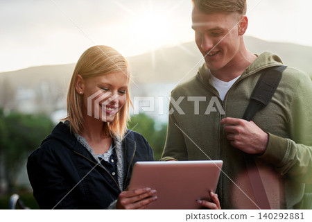 Friends, university and student with tablet on outdoor in happiness and campus for research, information and assignment. Ebook, online and college with notes for exams and study tips for assessment 140292881