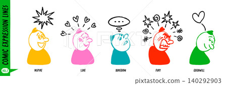 Comic character face expression set with doodle style figures and simple line effects in bright colors. Comic character expressions with line details suit stickers, posters, and UI icons 140292903