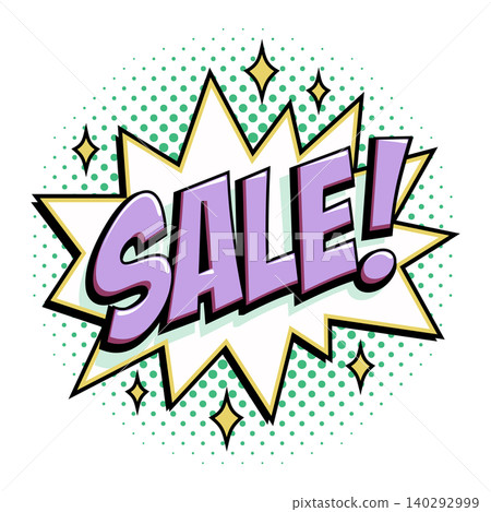 Comic sale starburst sticker with purple bold lettering on white burst shape, green halftone background and small sparkle stars in retro pop art vector style. Vibrant sale badge. Comic sale starburst sticker with purple bold lettering on white burst shape, green halftone background and small sparkle stars in retro pop art vector style. Vibrant sale badge. 140292999