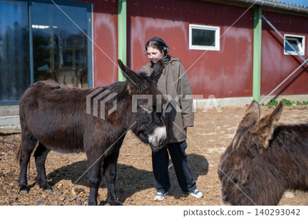 Girl gently caring for her donkey on the farm Girl gently caring for her donkey on the farm 140293042