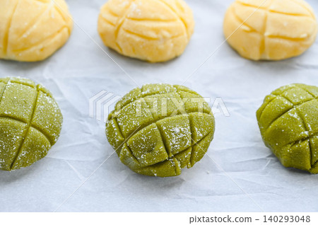 Melon bread dough before baking: Matcha and plain Melon bread dough before baking: Matcha and plain 140293048