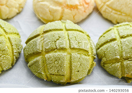 Freshly baked homemade matcha melon bread Freshly baked homemade matcha melon bread 140293056