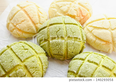Freshly baked homemade matcha melon bread Freshly baked homemade matcha melon bread 140293058