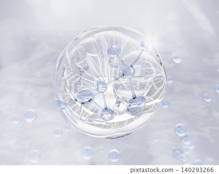 Collagen peptide serum drop 3d background. Clear gel bubble with light blue water molecular structure. Liquid cosmetic ball with hyaluronic acid, moisture cream or vitamin essence. 3D illustration 140293266