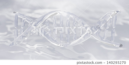 Transparent liquid glass DNA helix strand structure on light white 3d background for scientific research presentation. Double spiral model with clear water texture. Medical genetics. 3D illustration Transparent liquid glass DNA helix strand structure on light white 3d background for scientific research presentation. Double spiral model with clear water texture. Medical genetics. 3D illustration 140293270