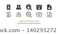A set of vector icons (line art and colored) for people and communication, including smartphones, fax machines, search engines, phone calls, and documents. 140293272