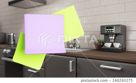 Colorful sticky notes floating in modern kitchen for reminder memo on refrigerator. Home 3D interior with furniture, coffee machine, tile wall, blank square stickers for shopping list. 3D illustration Colorful sticky notes floating in modern kitchen for reminder memo on refrigerator. Home 3D interior with furniture, coffee machine, tile wall, blank square stickers for shopping list. 3D illustration 140293275