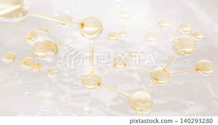 Science background with gold molecules and clear collagen peptide serum drops. Bio cosmetic lab skincare product. Natural oil liquid bubbles, moisture essence for face, skin and hair. 3D illustration Science background with gold molecules and clear collagen peptide serum drops. Bio cosmetic lab skincare product. Natural oil liquid bubbles, moisture essence for face, skin and hair. 3D illustration 140293280