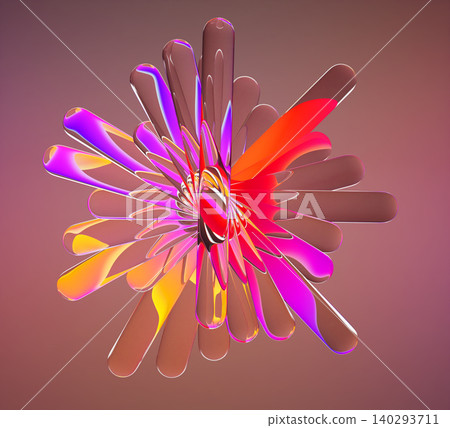 Vibrant neon glass flower with rainbow gradient effect. Abstract floral pattern of transparent lines with bending light and smooth wavy fluid distortion. Futuristic visual aesthetic. 3D illustration Vibrant neon glass flower with rainbow gradient effect. Abstract floral pattern of transparent lines with bending light and smooth wavy fluid distortion. Futuristic visual aesthetic. 3D illustration 140293711