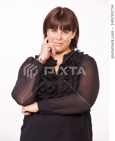 Studio, portrait and plus size woman thinking in white background, stylish and casual for fashion. Female person, smile and relax in clothes for comfort with confidence, thoughtful and positive Studio, portrait and plus size woman thinking in white background, stylish and casual for fashion. Female person, smile and relax in clothes for comfort with confidence, thoughtful and positive 140293734