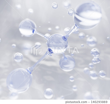 Biocosmetics laboratory 3d background with blue glass chemical molecule or atom render. Clean beauty, clear water bubbles, natural organic product drops for skin, face and hair care. 3D illustration Biocosmetics laboratory 3d background with blue glass chemical molecule or atom render. Clean beauty, clear water bubbles, natural organic product drops for skin, face and hair care. 3D illustration 140293869